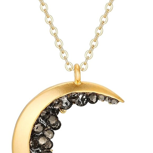 Elegant Gold Plated Crescent Moon Necklace with Black Crystal Accents - 32 Inch - Picture 1 of 7